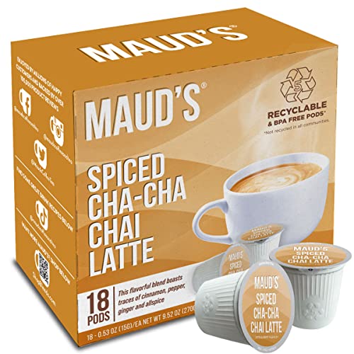 Maud's Chai Tea Latte (Spiced Cha-Cha-Chai Latte), 18ct. Solar Energy Produced Recyclable Single Serve Flavored Chai Tea Latte Pods – 100% Tea Leaves California Blended, KCup Compatible - Chai Tea Latte - 18 Count (Pack of 1)
