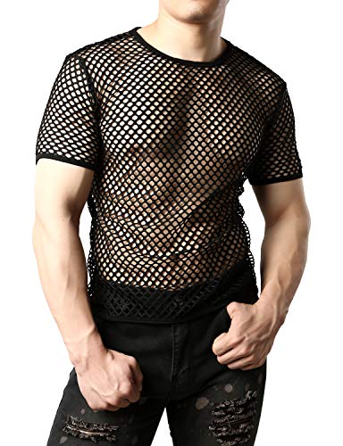 JOGAL Men's Mesh Fishnet Fitted Short Sleeve Muscle Top - Black - Medium