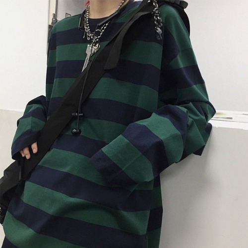 Devil Behind You' Green/Black Grunge Stripe Long Sleeve Top - GREEN / L