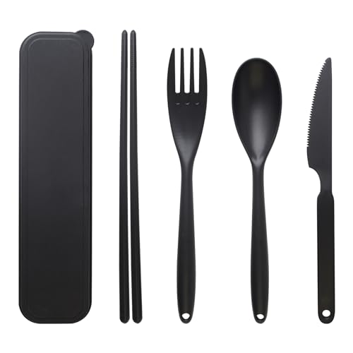 Large Travel Cutlery Set with Case, Reusable Plastic Cutlery Set, Portable Chopsticks Knife Fork Spoon Set for Picnic Camping School Office Lunch - Large Black