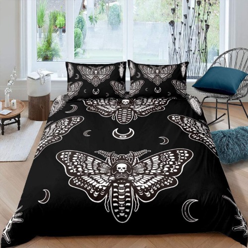 PTNQAZ Black Death Moth Skull Bedding Set Gothic 3D Printed Moon Stars Double Duvet Covers Sets With Pillowcases Bed Linen Quilt Covers Home Textile (Double,Black)