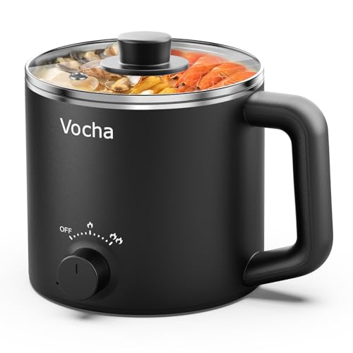 Vocha Electric Hot Pot, 1.6L Rapid Ramen Noodles Cooker, Stainless Steel Mini Stock Pot, Multi-Functional Portable Travel Cooker for Soup, Ramen, Pasta, Oatmeal, Egg, with Dual Power Control (Black) - Black