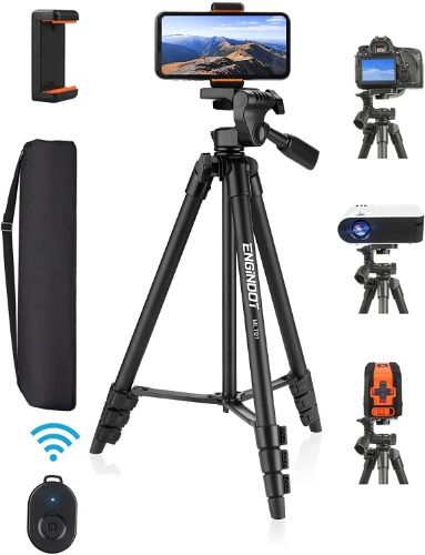 Tripod, ENGiNDOT Lightweight and Compact Tripod, 55" Load Capacity 6.61 lb, 3-way Swivel Head Tripod of Aluminum with Bluetooth, for Mobile Phones, Cameras and Cross-line Lasers, with Carrying Bag