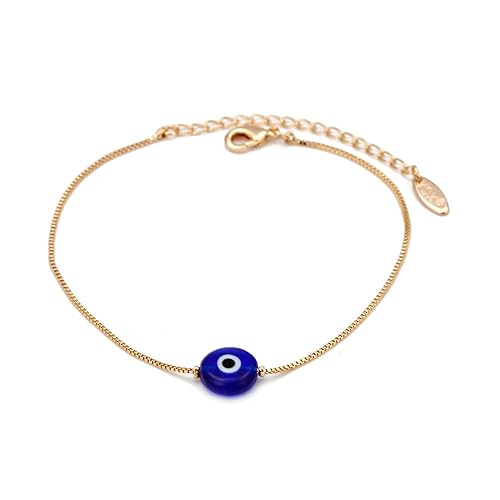 Pingyongchang Blue Turkish Evil Eye Beads Charm Bracelet Bohemian Devil Eye Hamsa Gold Colored Copper Chain Adjustable Bracelet for Women Men Jewelry - Blue