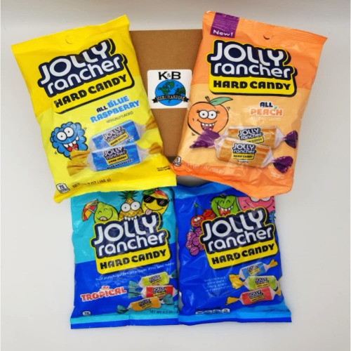 Jolly Rancher Hard Candy Variety Pack of 4 Tasty Assorted Fruity Flavors: Peach 7oz, Blue Raspberry 7oz, Tropical 6.5oz and Traditional 7oz = 27.5 Ounces in Total! Sealed and Packed in a K&B Merchandise Sturdy Box - Jolly Rancher 4 Pack Assortment