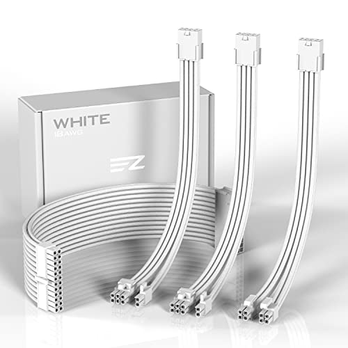 EZDIY-FAB PSU Extension Cable Sleeved Custom Mod PC Power Supply Cable, Soft Nylon Braided with Comb Kit 24PIN/8PIN to 6+2Pin/ 8PIN to 4+4PIN-30CM 300MM - All White Edition - All white