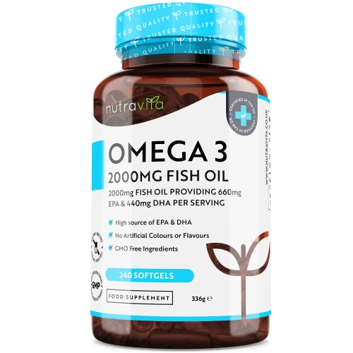 Omega 3 2000mg with 660mg EPA & 440mg DHA per Serving - 240 Softgel Capsules of Sustainably Sourced Pure Omega 3 Fish Oil - Made in The UK by Nutravita