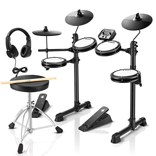 Donner DED-80 Electronic Drum Set, Electric Drum Set for Beginner with 4 Quiet Mesh Drum Pads, 2 Switch Pedal, 180+ Sounds, Throne, On-Ear Headphones, Sticks, and Melodics Lessons Included. - DED-80