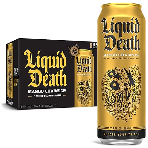 Liquid Death, Mango Chainsaw Sparkling Water, 8-Pack (King Size 19.2oz Cans), Mango Flavored Sparkling Beverage Sweetened With Real Agave, Low Calorie & Low Sugar - Mango Chainsaw - Sparkling - 19.2 Fl Oz (Pack of 8)