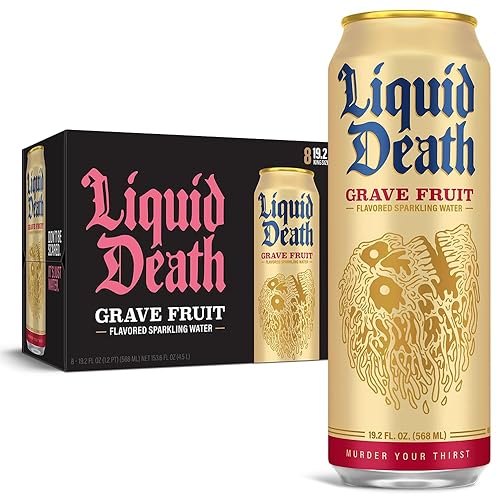 Liquid Death, Grave Fruit Sparkling Water, 8-Pack (King Size 19.2oz Cans), Grapefruit Flavored Sparkling Beverage Sweetened With Real Agave, Low Calorie & Low Sugar - Grave Fruit - Sparkling - 19.2 Fl Oz (Pack of 8)