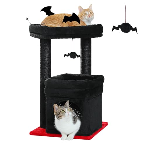 PEQULTI Cat Tree Gothic Cat Tower for Indoor Cats with Private Cozy Cat Condo, Natural Sisal Scratching Posts and Plush Pom-pom for Small Cats Black - Double Perch - Black