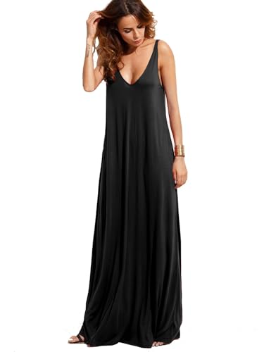 Verdusa Women's Casual Sleeveless Deep V Neck Summer Beach Maxi Long Dress - Small - Black