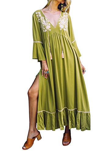 R.Vivimos Women's Autumn 3/4 Sleeves V Neck Embroidered Ruffles Midi Dress - Small - Green
