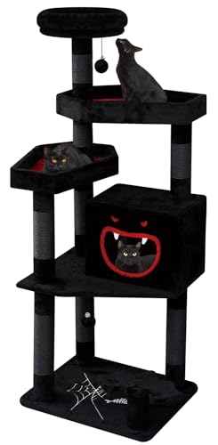 YARUOMY Gothic Cat Tree with Coffin Bed，62.5" Black Cat Tower with Spacious Demon Styled Cat Condo，Cozy Plush Perch, Scratching Posts，Hanging Ball，Multi-Level Cat Activities Furniture for Large Cats