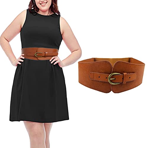 AWOCAN Women Leather PU Elastic Stretchy Corset Cinch Belt Print Retro Cinch Belt Wide Waist Belt - Camel