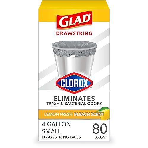 Glad Small Drawstring Trash Bags with Clorox, 4 Gal, Lemon Fresh Bleach, 80 Ct (Package May Vary) - 80 Count (Pack of 1)