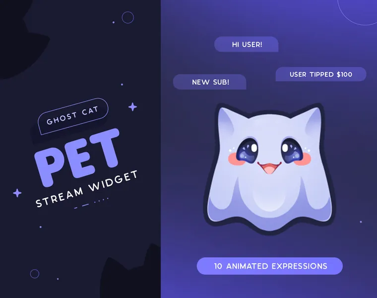 Ghost Cat Stream Pet | Halloween Animated Ghost Kitty Mascot Widget | Reacts to Events & Customizable Commands | 10 Expressions