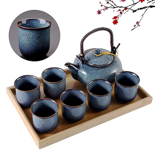 DUJUST Japanese Tea Set for 6, Kiln Altered Glaze Porcelain Tea Set with 1 Teapot, 6 Tea Cups & 1 Tea Tray, Unique Chinese Tea Set for Adults/Tea Lovers/Women/Men, Blue - Teasets - Blue