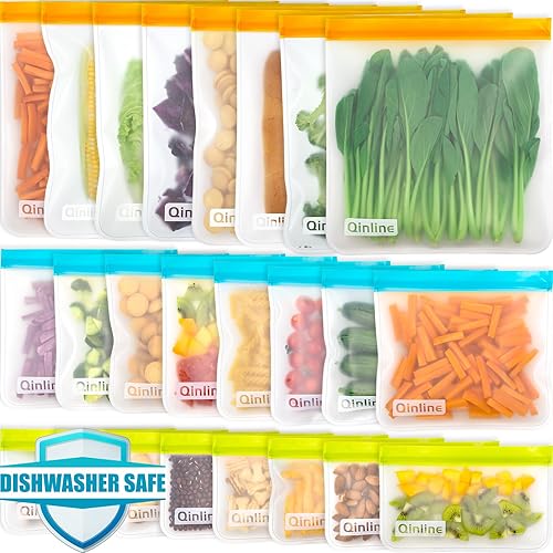 Qinline Reusable Food Storage Bags - 24 Pack Dishwasher Safe Freezer Bags, BPA Free Reusable Bags Silicone, Leakproof Reusable Lunch Bag for Salad Fruit Travel - 8 Gallon 8 Sandwich 8 Snack Bags - Multicolor