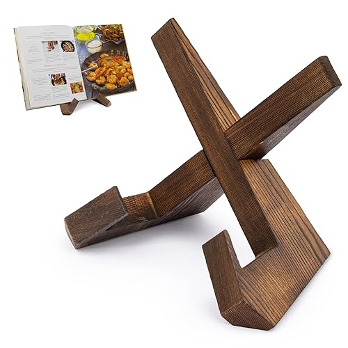 PUERSI Cookbook Stand for Kitchen, Recipe Book Holder for Kitchen Counter, Wooden Cookbook Holder, Rustic Cook Book Holder Stand - Rustic Brown - Brown