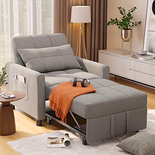 Noelse Sleeper Sofa Chair Bed, Convertible Sofa Chair 3-in-1, Adjustable Sleeper Chair Pullout Sofa Bed with Modern Linen Fabric for Living Room Apartment Small Space, Grey - Light Grey