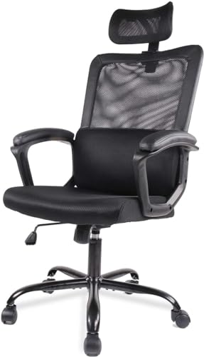 SMUG Office Desk Computer Chair, Ergonomic High Back Comfy Swivel Gaming Home Mesh Chairs with Wheels, Lumbar Support, Adjustable Headrest,Comfortable Pillow,Soft Arms,120°tilt for Bedroom,Study,Black - Black - 16.54D x 19.49W x 43.5H in