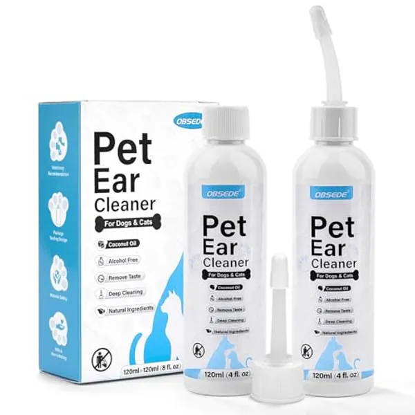 OBSEDE Dog Ear Cleaner - Dog Ear Cleaning Solution Naturally Reduce Dirt Wax Buildup Clear Cat Ear Drops Wash Gently Soothing Odor Control Easy to Use Pet Supplies Fresh Scent, 8 oz