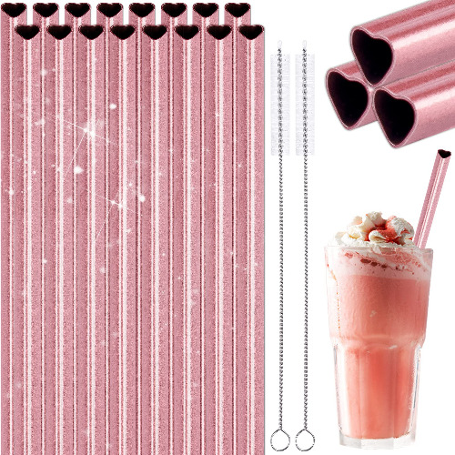 NiHome Reusable Straws 16 Pack, Stainless Steel Drinking Straws, Heart Shaped Metal Straw Bulks with 2 Cleaning Brushes for Smoothies Tumblers Cocktail MilkShake, Pearl Pink - Pearl Pink