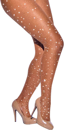 CHRLEISURE Women's Sparkle Rhinestone Fishnets Sexy Tights High Waist Stockings - Hole - Skin