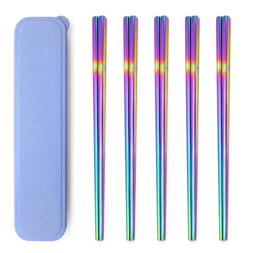 5 Pairs Rainbow 304 Stainless Steel Chopsticks Polished Multicolor Reusable Chopsticks, Dishwasher-safe, Non-Slip, Metal Square Chopsticks Set with Case as Present Gift Fit Kitchen Dinner (Square) - Square