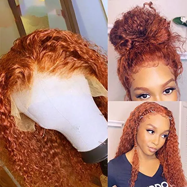 Orange Ginger Lace Front Wig Pre Plucked Brazilian Wavy Transparent Deep Part Curly Human Hair Wigs Glueless Virgin Lace Frontal Wigs (18Inch, Curly)