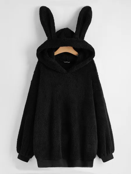 Plus Solid 3D Ears Design Teddy Hoodie