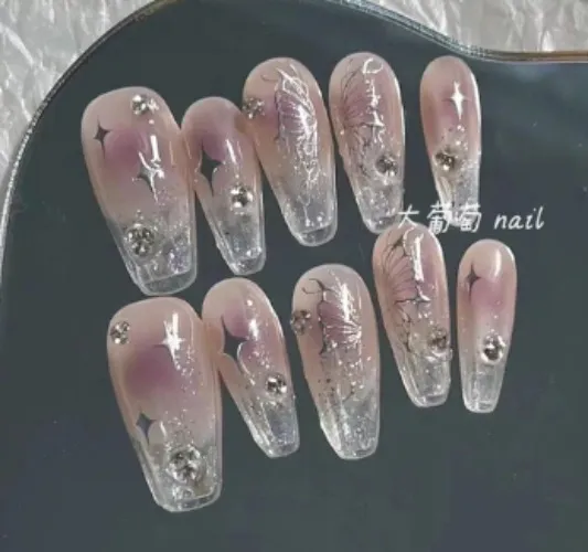 Cartoon Mymelody Cinnamoroll Hello Kitty Fake Nails Rhinestone Detachable Pink Long Coffin Stiletto Nails Full Cover Nail Tips