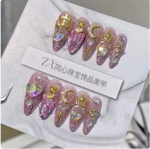 Cartoon Mymelody Cinnamoroll Hello Kitty Fake Nails Rhinestone Detachable Pink Long Coffin Stiletto Nails Full Cover Nail Tips - AliExpress 