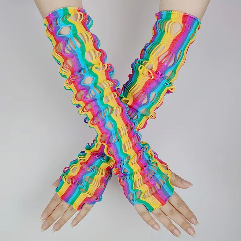 Halloween Rainbow Stripe Hollow Fishingnet Mittens Cosplay Female Long Nightclub Stage Performance Punk Half Finger Gloves - AliExpress 200000297
