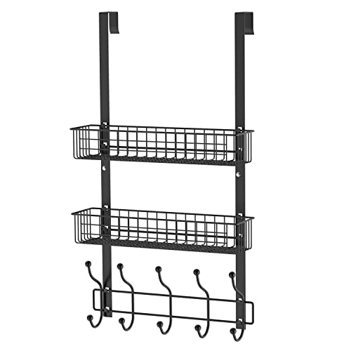 MILIJIA Coat Rack, Over The Door Hanger with Mesh Basket, Detachable Storage Shelf for Towels, Hats, Handbags, Coats (Black-2 Layer) - Black