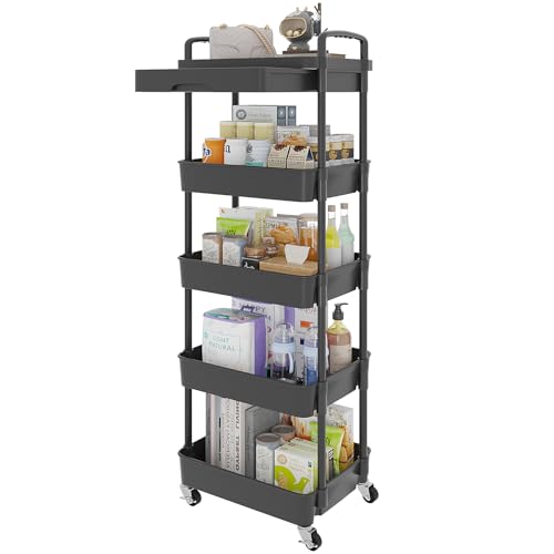 Calmootey 5-Tier Rolling Utility Cart with Drawer,Multifunctional Storage Organizer with Plastic Shelf & Metal Wheels,Storage Cart for Kitchen,Bathroom,Living Room,Office,Black - 5-Tier - Black