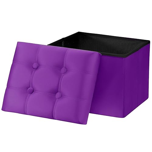 AmasSmile Storage Ottoman Foot Rest Stool, 17 inch Velvet Footstool Bench, Short Ottoman Stool, Small Folding Storage Ottoman Store Books, Records, Purple - Purple