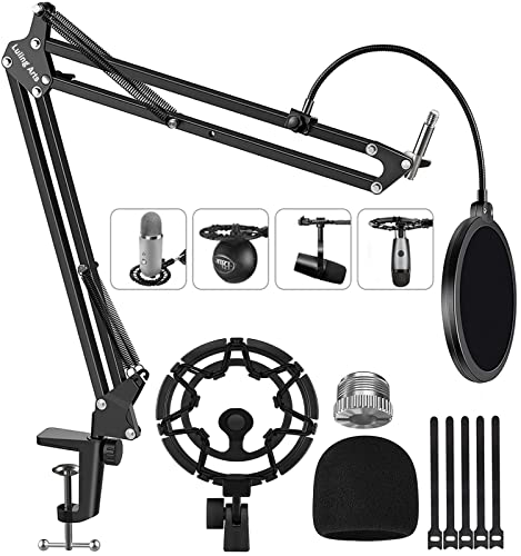 Microphone Stand for Blue Yeti with Shock Mount,Adjustable Suspension Boom Scissor Arm Stand with ShockMount Windscreen and Double layered Pop Filter Mic Holder Cable Ties for Broadcasting Game - BLUE SHOCK MOUNT WITH ARM