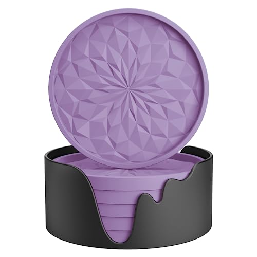 Silicone Coasters [6 Pack] ME.FAN Coasters with Holder - Drinking Coasters - Cup Mat for Drinks - Live for Hot or Cold Drink Thickened, Non-Slip, Non-Stick, Deep Tray Light Purple - Light Purple