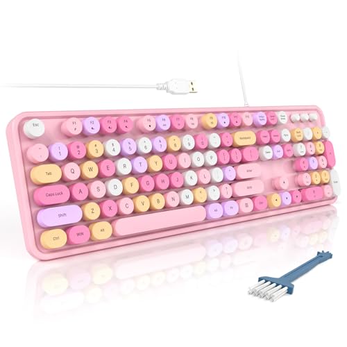 MOFII Keyboard Wired, Full Size USB Keyboard Plug Play, Colorful Retro Round Typewriter Keyboard with Foldable Stands for Windows PC Laptop (Pale Pink) - Pale Pink