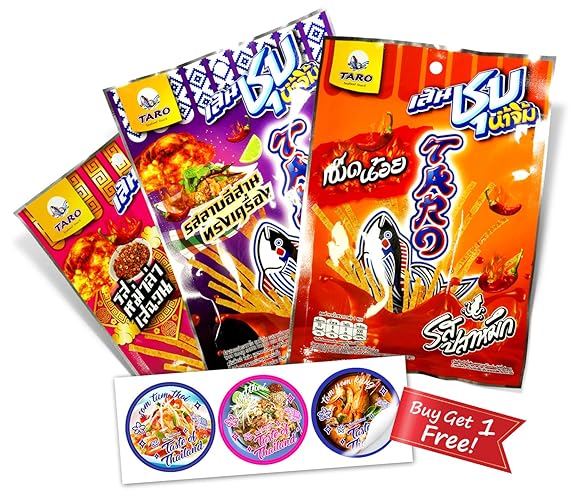 Thai Snacks TARO Fish Snack Spicy Cuttlefish Flavored Pack of 3