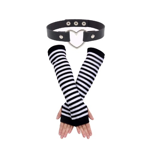 MHNJA Punk Gothic Rock Long Arm Warmer Fingerless Gloves ,Love Heart Adjustable Leather Choker Punk PU Necklace Goth Choker Soft Collar Chain for Women Girls - 