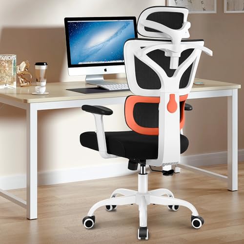 Winrise Office Chair Ergonomic Desk Chair, High Back Gaming Chair, Big and Tall Reclining chair Comfy Home Office Desk Chair Lumbar Support Breathable Mesh Computer Chair Adjustable Armrests(W-Orange) - S-White