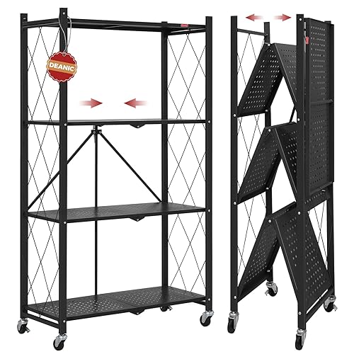 DEANIC 4-Shelf Foldable Storage Shelves with Wheels, Heavy Duty Shelving Unit, Freestanding Metal Wire Shelf Rack, No Assembly Organizer Rack for Garage Kitchen, Basement, Pantry, Black - 4 Tier - Black