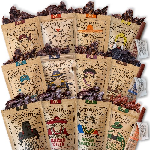 Righteous Felon Beef Jerky Variety Pack, Jerky and Beef Stick Sampler - Gluten Free, High Protein, Low Sugar, Low Calorie Healthy Snacks Bundle