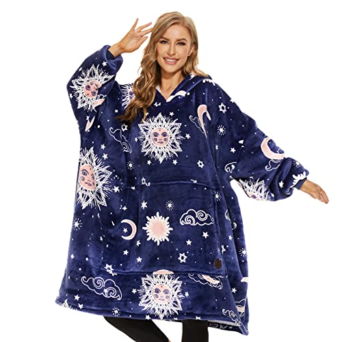 THREE POODLE Wearable Blanket Hoodie, Glow in The Dark Oversized Hoodie Blanket, Sherpa Hooded Blanket Sweatshirt for Adults Women Men Kids, Cozy Gifts - Luminous Blue Star - Adult