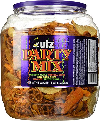 Utz Party Mix - 43 Ounce Barrel - Tasty Snack Mix Includes Corn Tortillas, Nacho Tortillas, Pretzels, BBQ Corn Chips and Cheese Curls, Easy and Quick Party Snack, Cholesterol Free and Trans-Fat Free - Party Mix