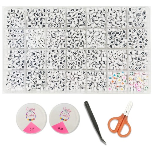 Crafty Cubs Alphabet Acrylic Beads Black and White, 1450 Pcs 4x7mm Round Alphabet Beads in 28 Grid Box for Jewelry Making, DIY Bracelets, Necklaces, Key Chains, Bracelets, 2 Set of Strings, Scissors and Picker Included #Letter Beads