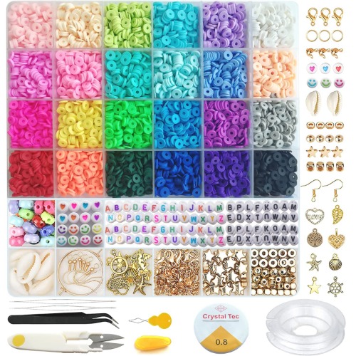 6100 Pcs Clay Beads for Jewelry Making, Beads Kits with 24 Colors 6mm Flat Polymer Clay Spacer Beads, Alphabet Letter Beads, 2 Rolls of Elastic String Cord for Bracelet, Earrings, Necklace DIY Making